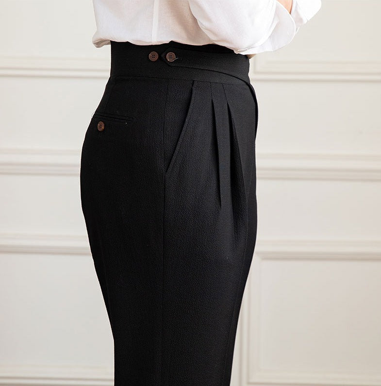 Moneglia Seersucker Double Pleated Straight Fit Trousers