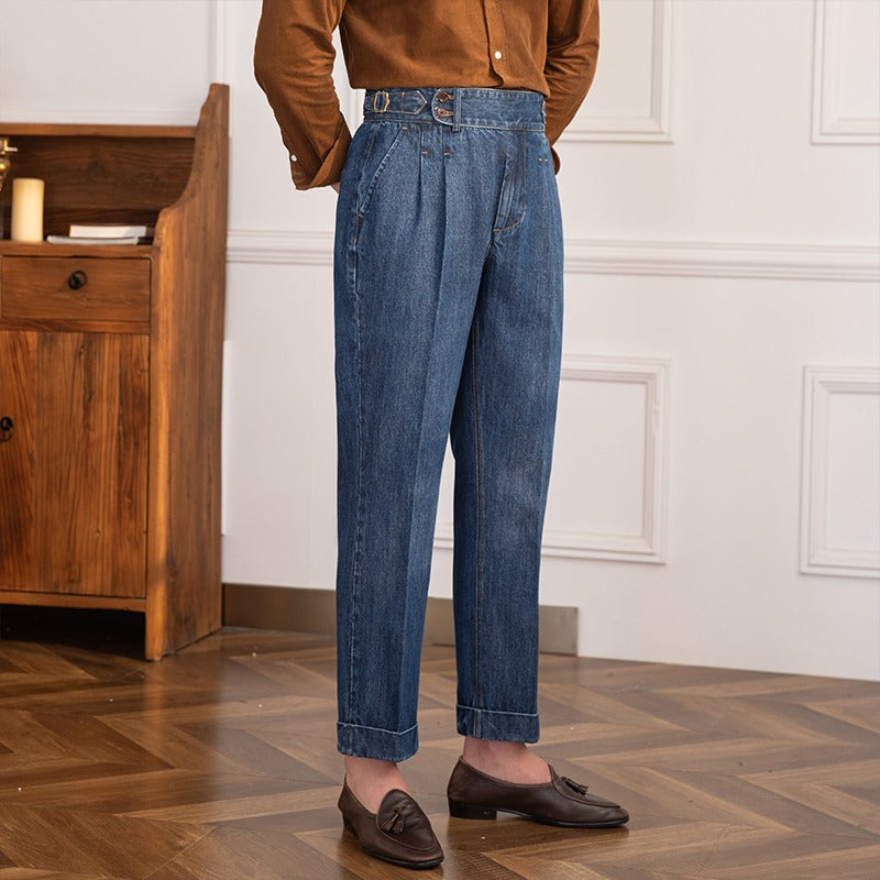 Pleated best sale denim pants