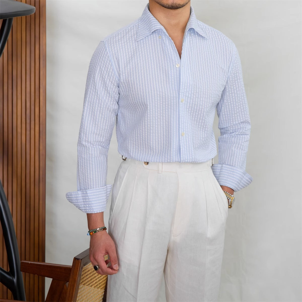 Belati White (Striped Seersucker) Woven Cotton Shirt ( BSH593WH