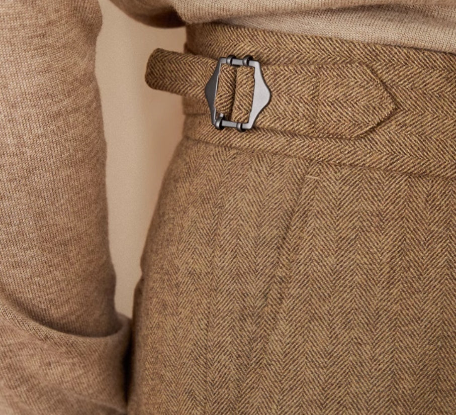Hampshire Herringbone Wool Blend Straight Fit Pleated Trousers