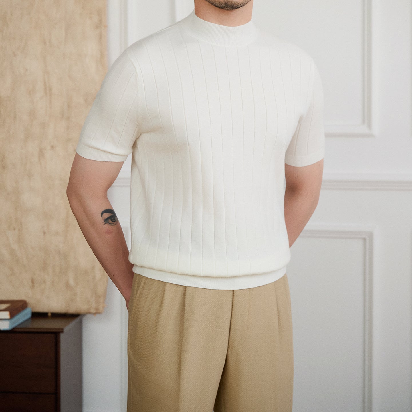 Tokyo Mockneck Pleated Knit Wool Blend T-Shirt