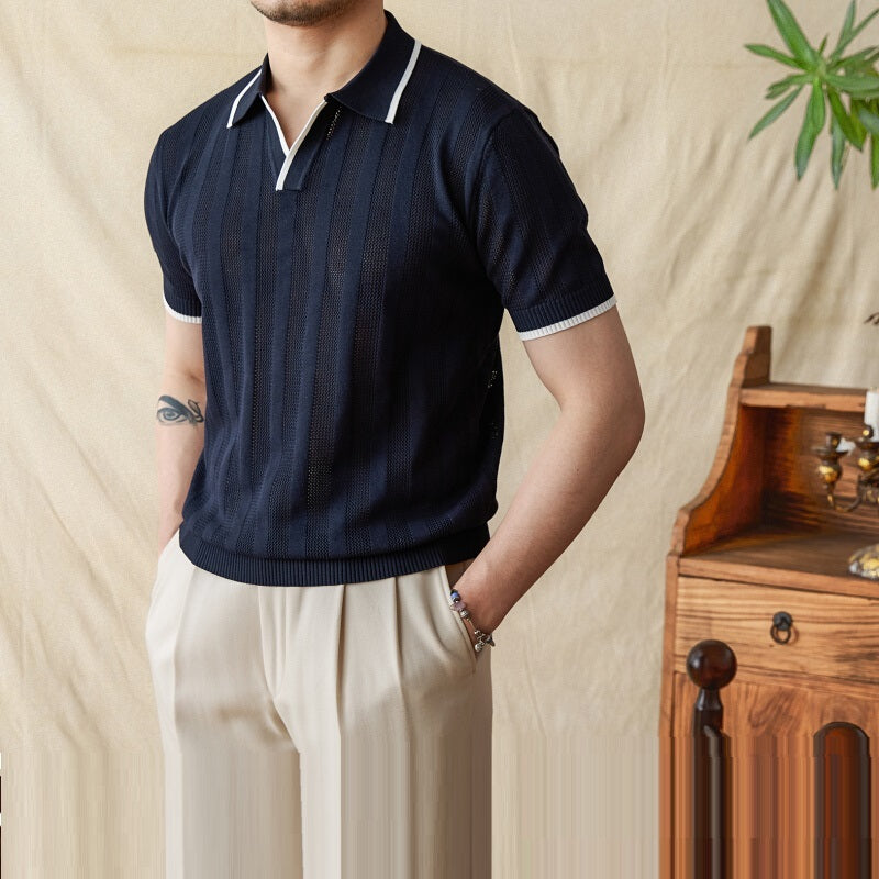 Massimo Ribbed Knit Short Sleeve Polo Shirt
