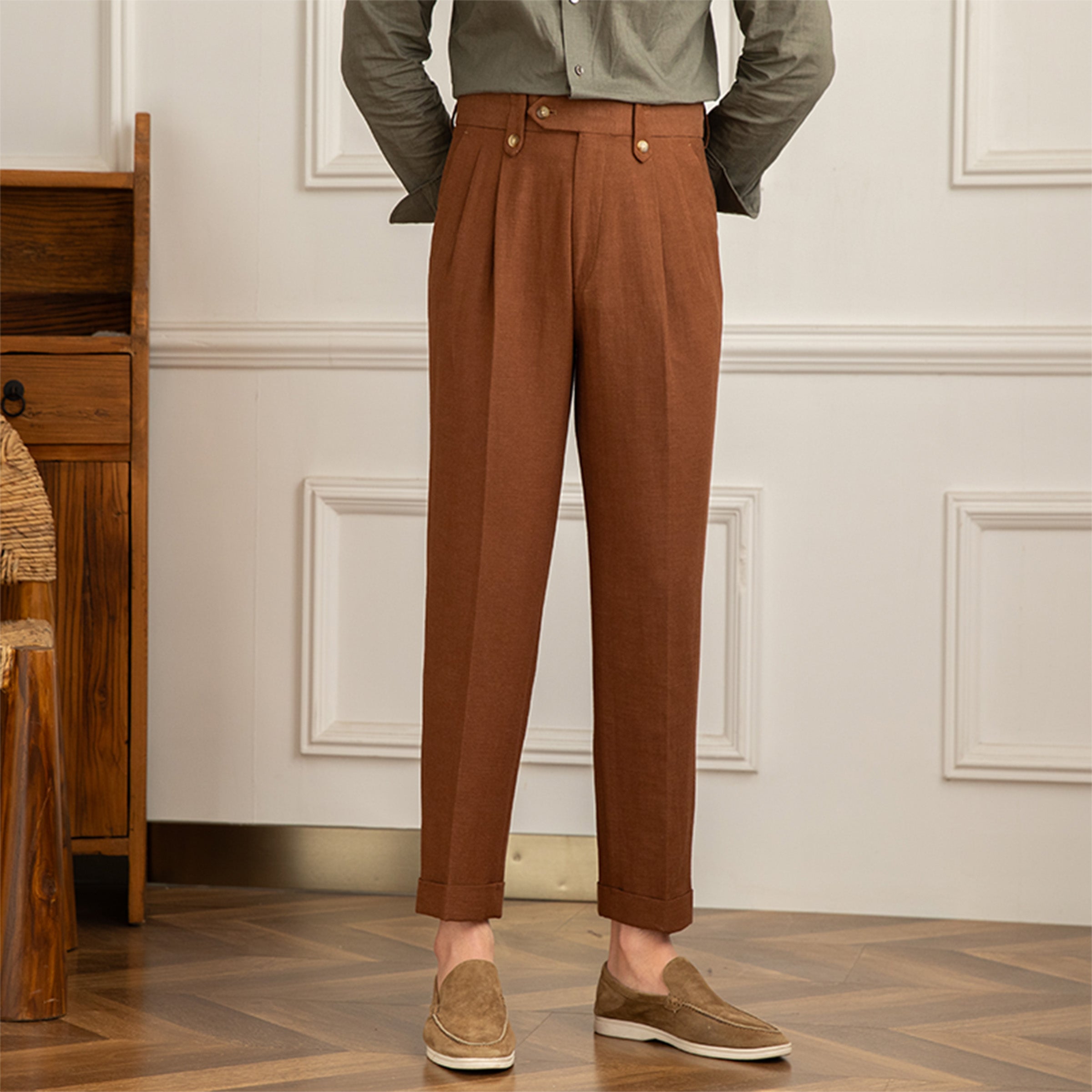 Roma Linen Blend Double Pleated Straight Fit Trousers