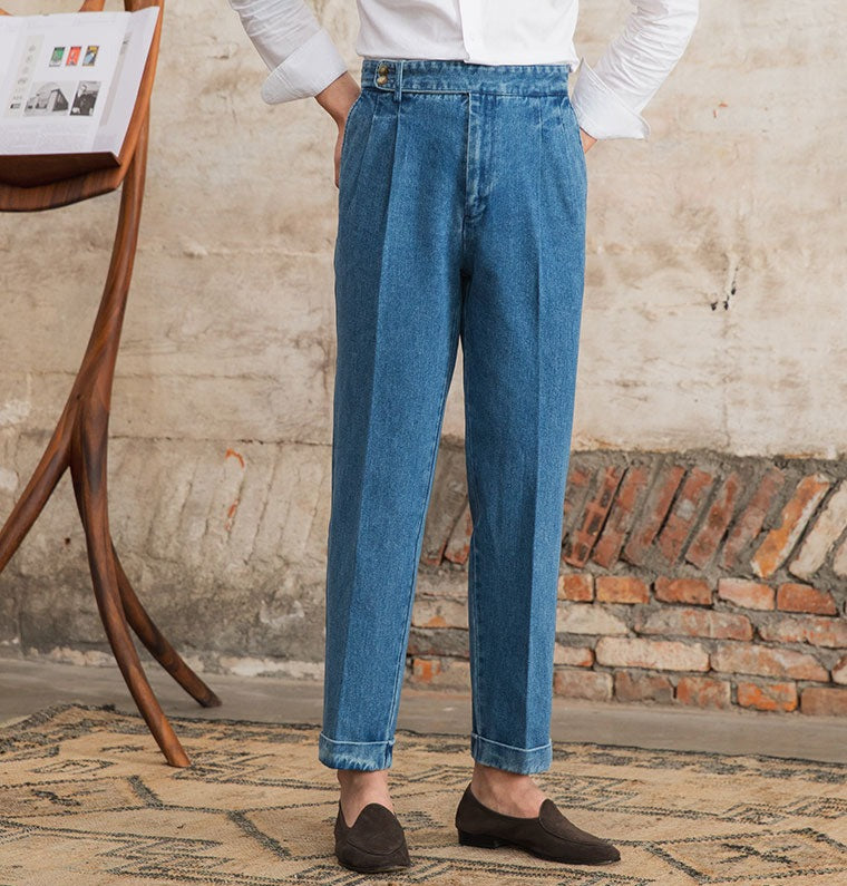 Portofino Double Pleated Straight Fit Denim Trousers