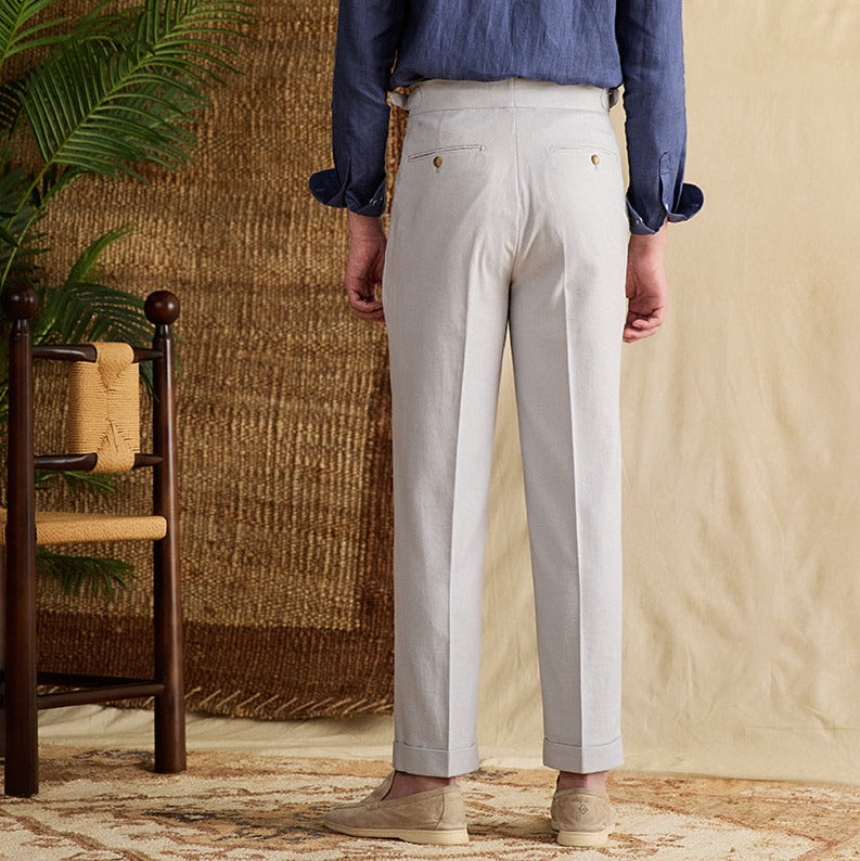 Monaco Linen Double Pleated Straight Fit Trousers