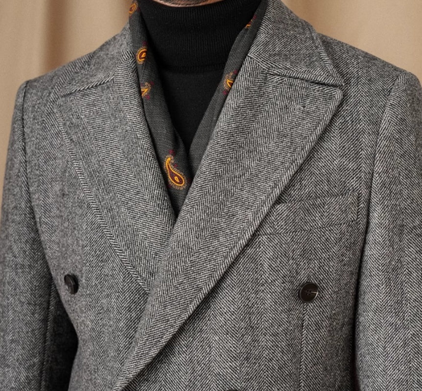 Naples Herringbone Wool Blend Double Breasted Coat
