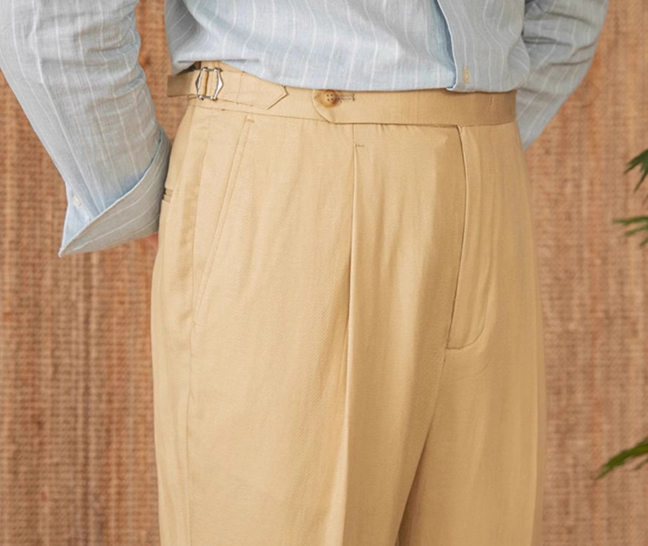 Marbella Cotton Linen Straight Fit Pleated Trousers