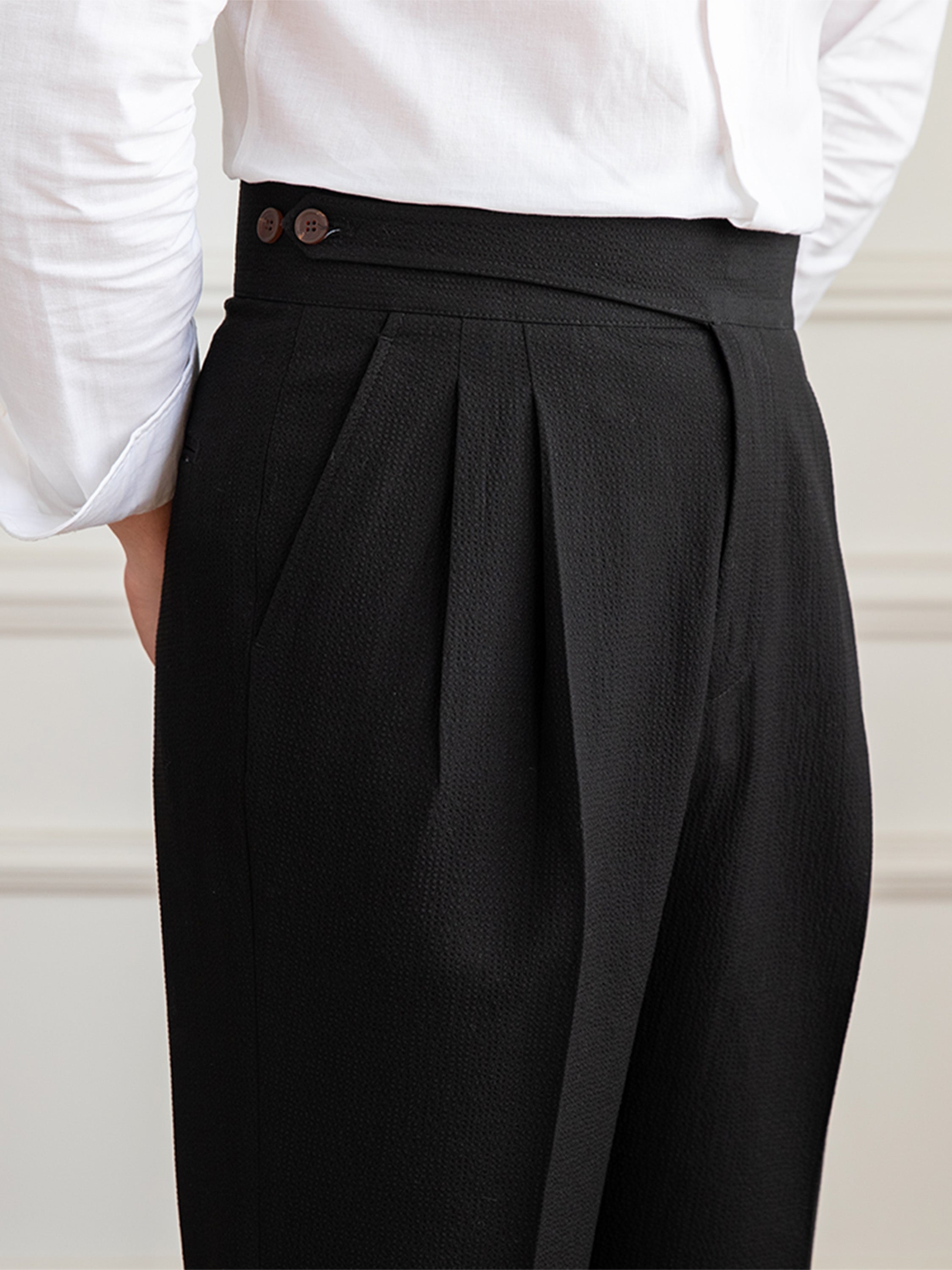 Moneglia Seersucker Double Pleated Straight Fit Trousers