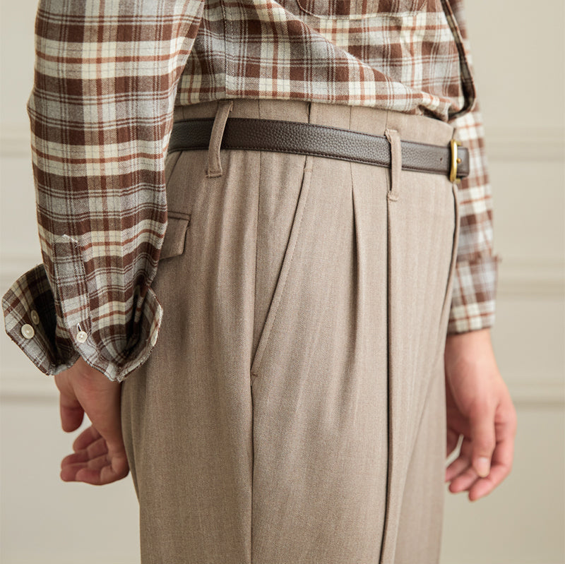 Hollywood Herringbone Straight Fit Double Pleated Trousers