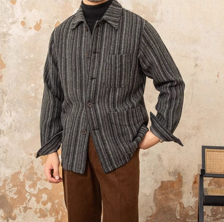Parma Herringbone Striped Wool Blend Work Shirt Jacket