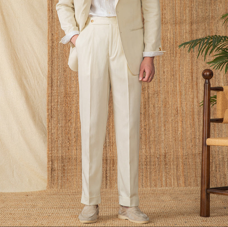 Marbella Cotton Linen Straight Fit Pleated Trousers