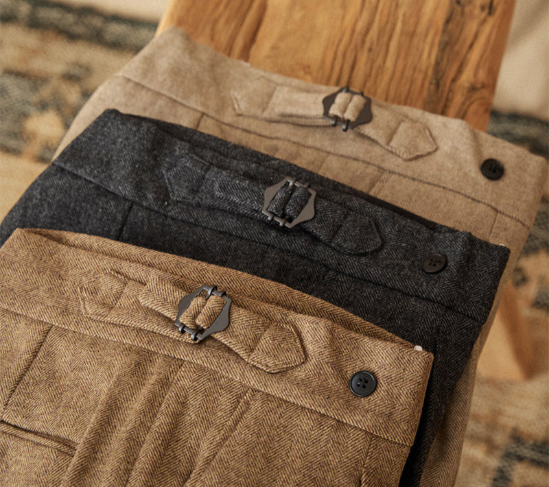 Hampshire Herringbone Wool Blend Straight Fit Pleated Trousers