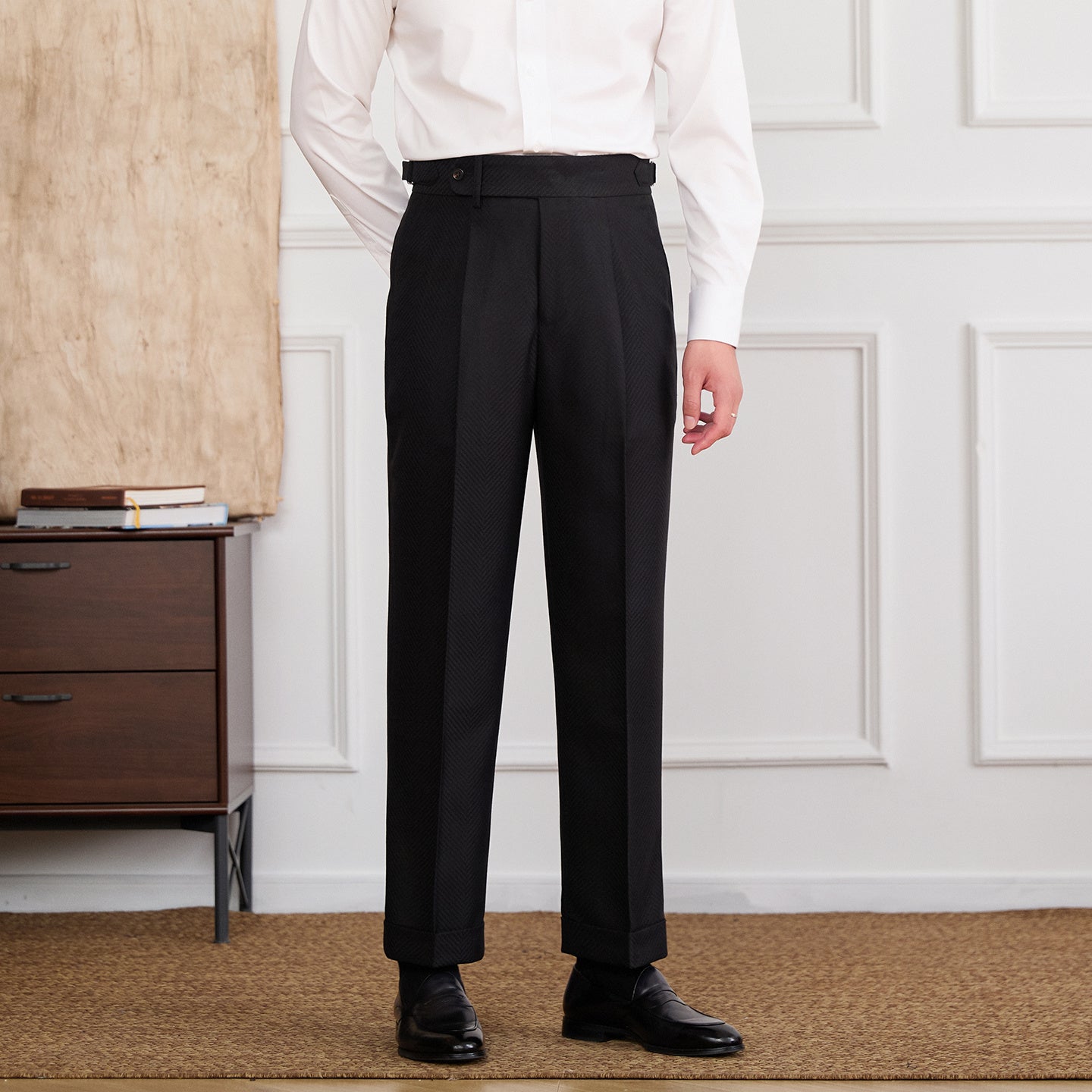 Roma Herringbone Straight Fit High Waisted Trousers