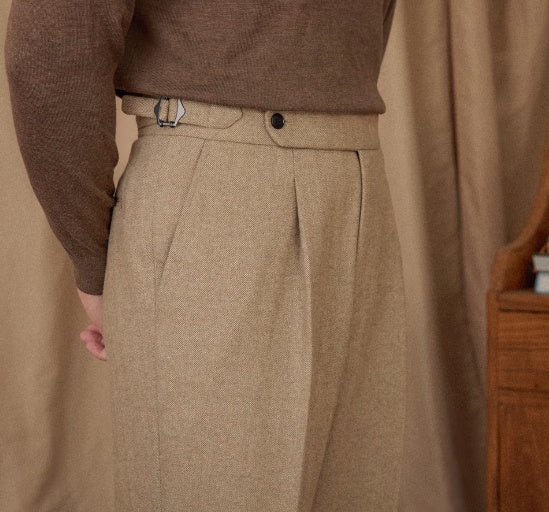 Hampshire Herringbone Wool Blend Straight Fit Pleated Trousers