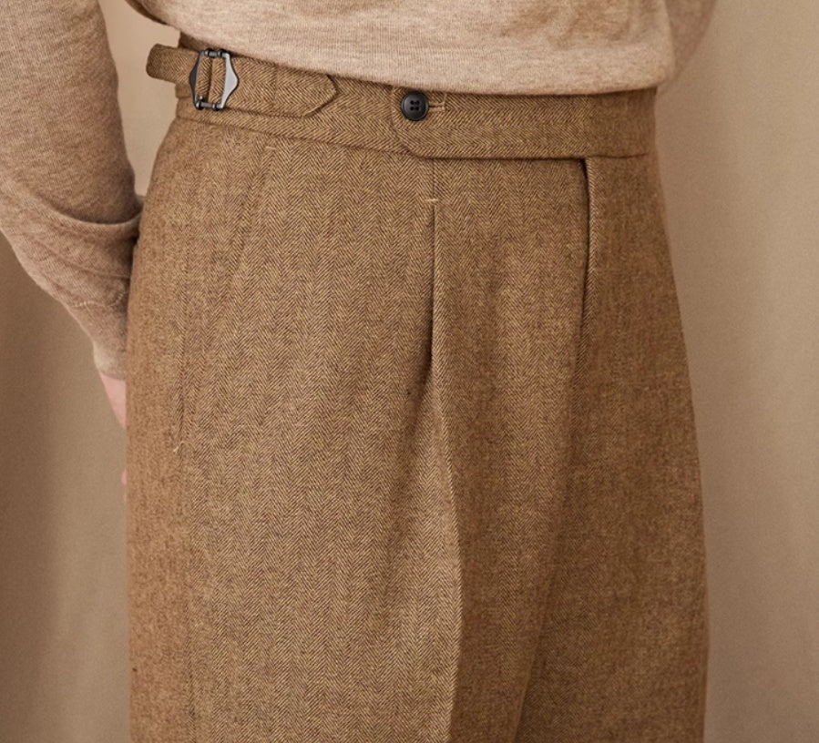 Hampshire Herringbone Wool Blend Straight Fit Pleated Trousers