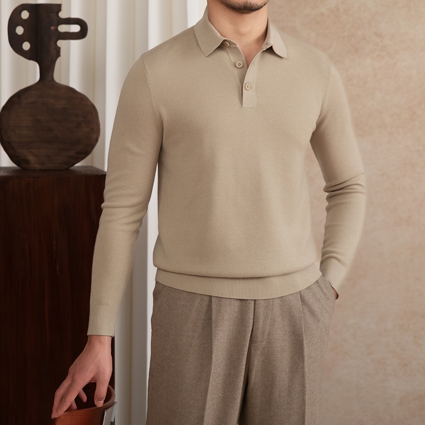 Roma Wool Blend Long Sleeve Polo Shirt