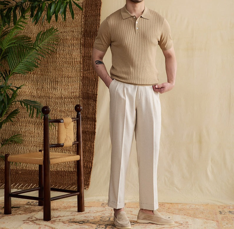 Athens Ribbed Pleated Knit Polo Shirt