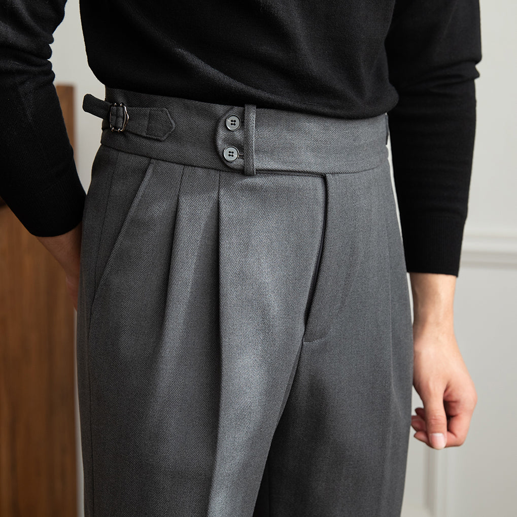 Tuscany Herringbone Wool Blend Double Pleated Trousers