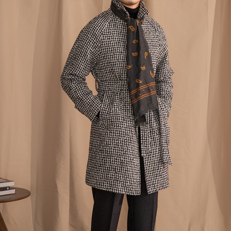 Balmacaan Wool Blend Houndstooth Belted Wrap Coat