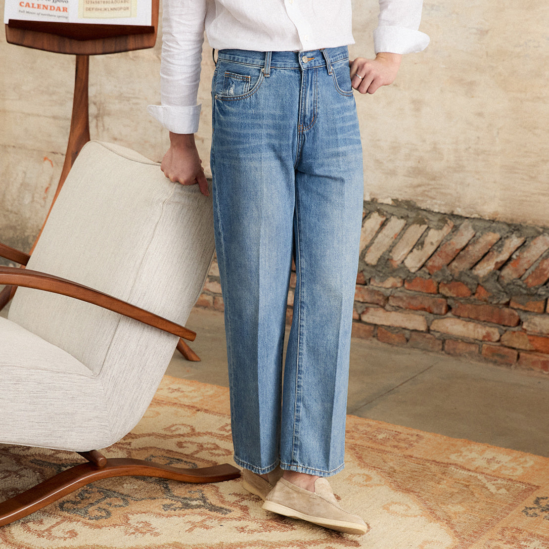 Alassio Cotton Denim Pleated Straight Fit Trousers