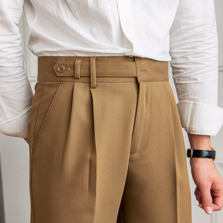 Full cut double pleats trouser with coin pocket -Cavani Four Seasons Dark  Khaki| Mytailorstore