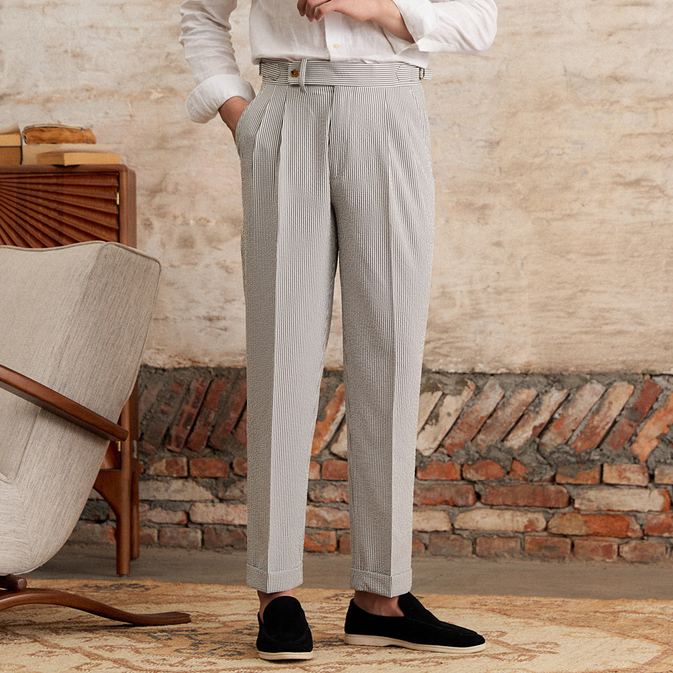 Cannes Seersucker Double Pleated Straight Fit Trousers