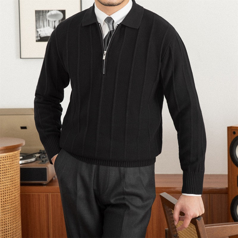 Pleated Elegance Polo Half Zip Knitted Sweater