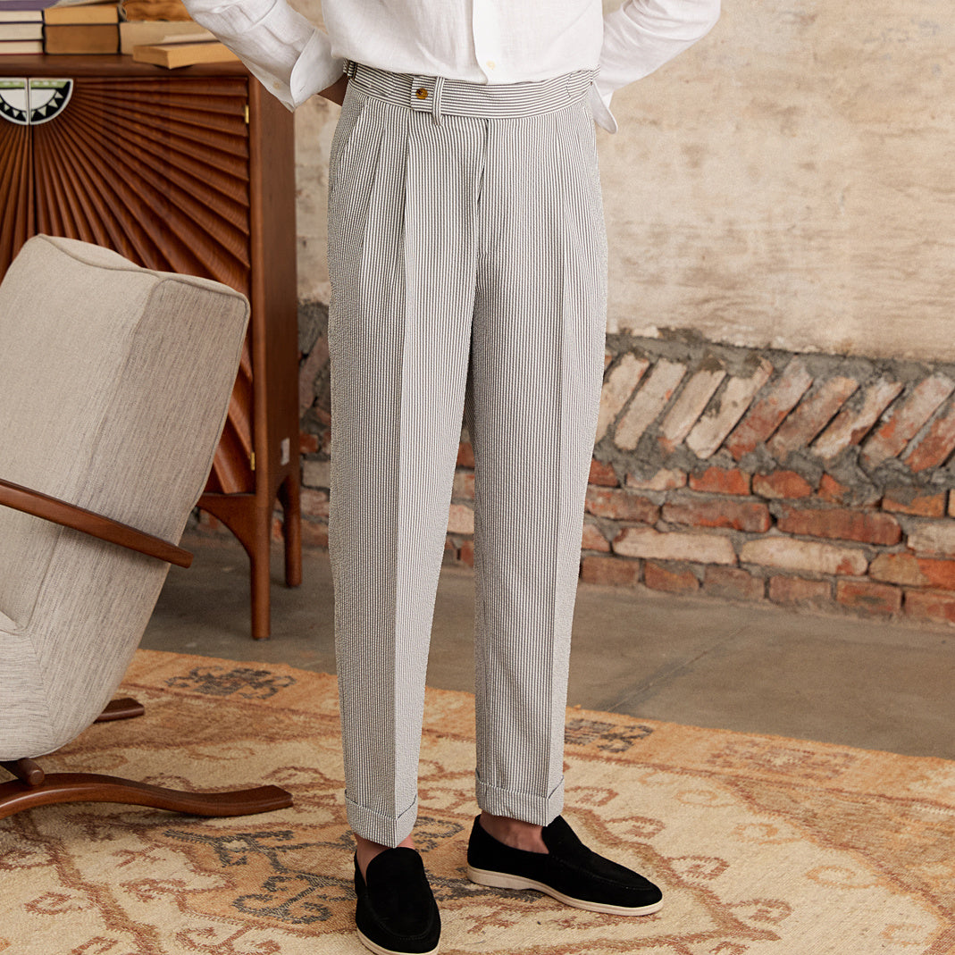 Cannes Seersucker Double Pleated Straight Fit Trousers