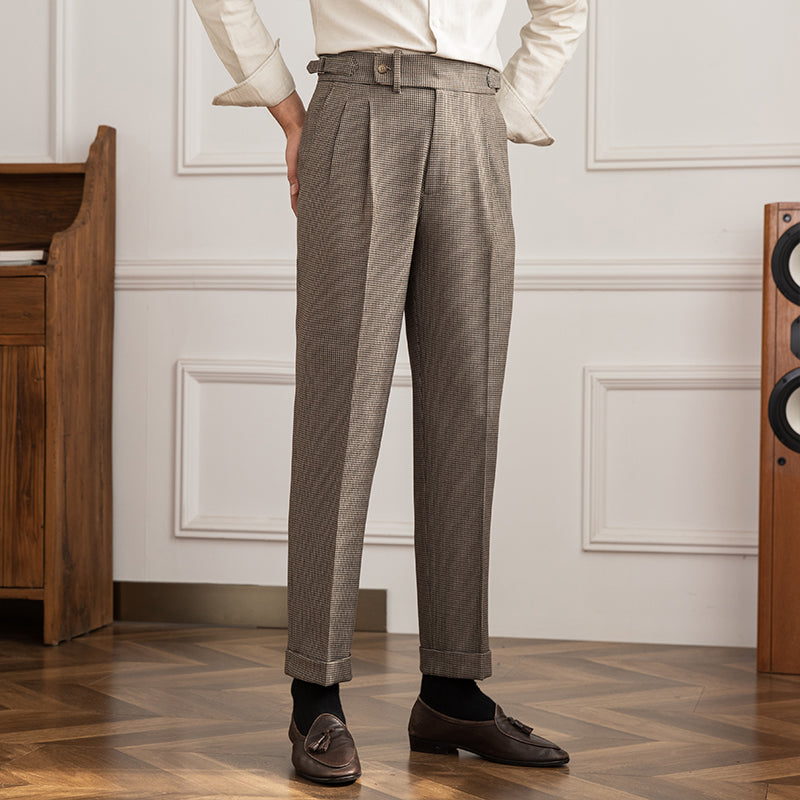 Cambridge Houndstooth Straight Fit Pleated Trousers