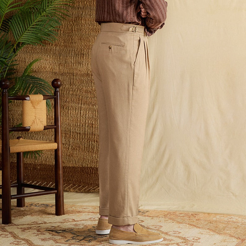 Monaco Linen Double Pleated Straight Fit Trousers