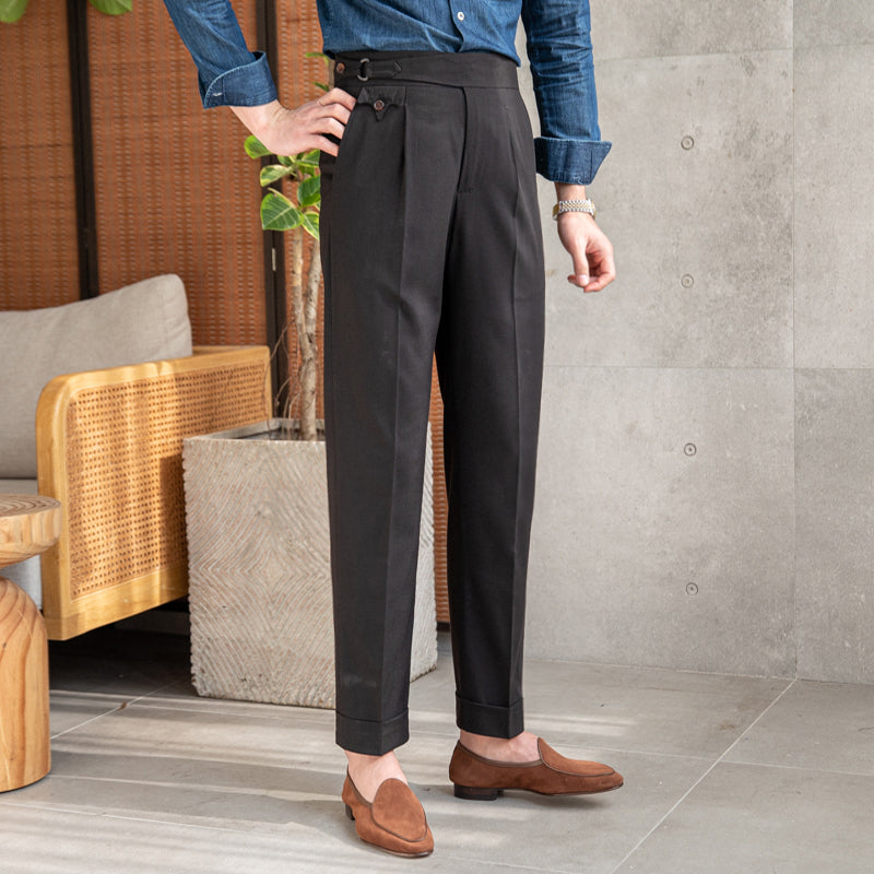 Men High Waist Pleated Pants Straight Leg Tapered Trousers Slim Fit Casual  | eBay