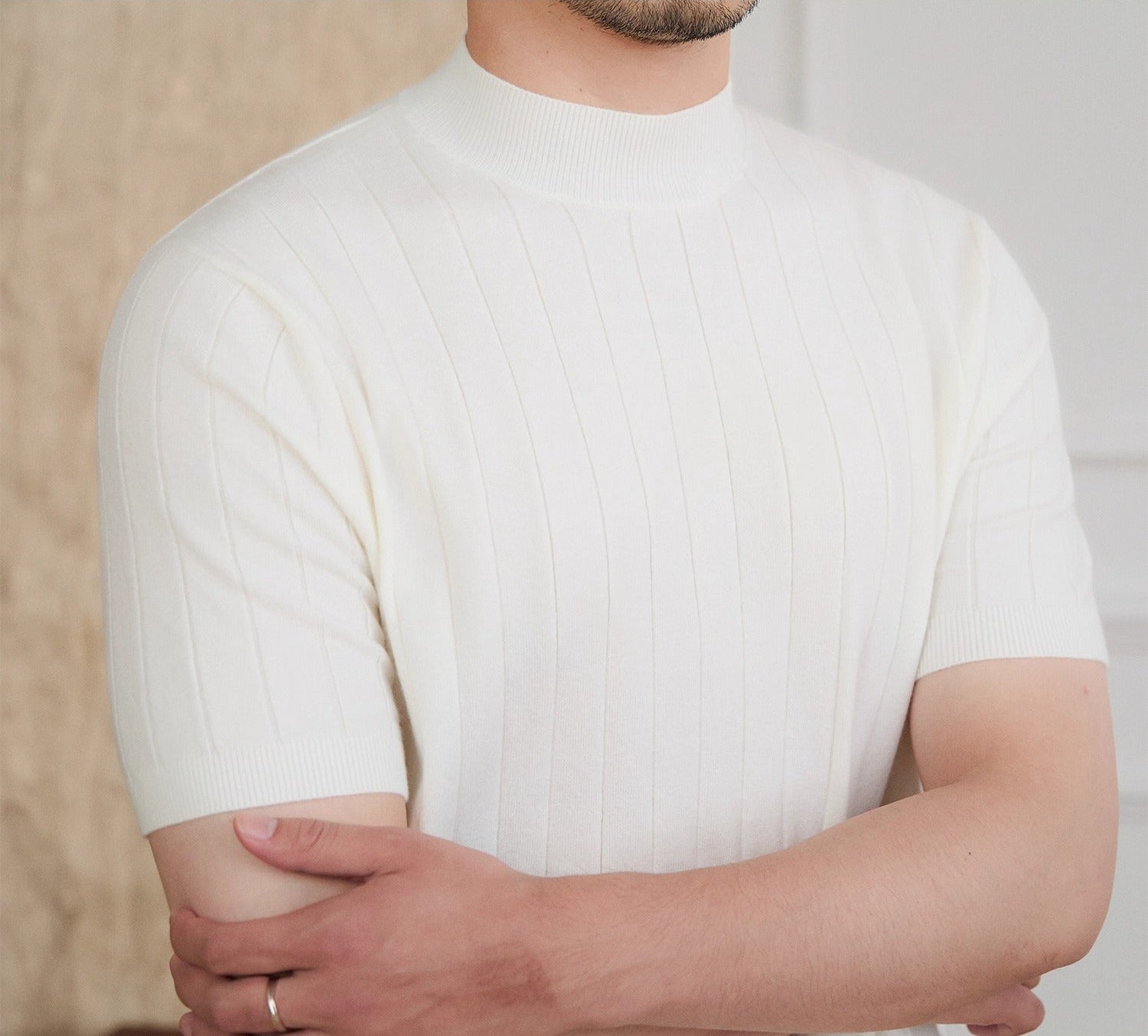 Tokyo Mockneck Pleated Knit Wool Blend T-Shirt