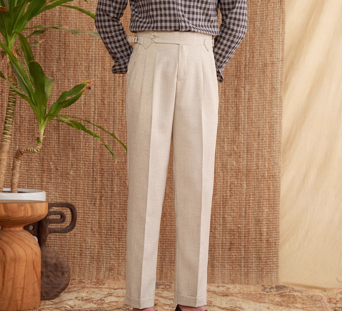 Basel Textured Straight Fit High Waisted Trousers