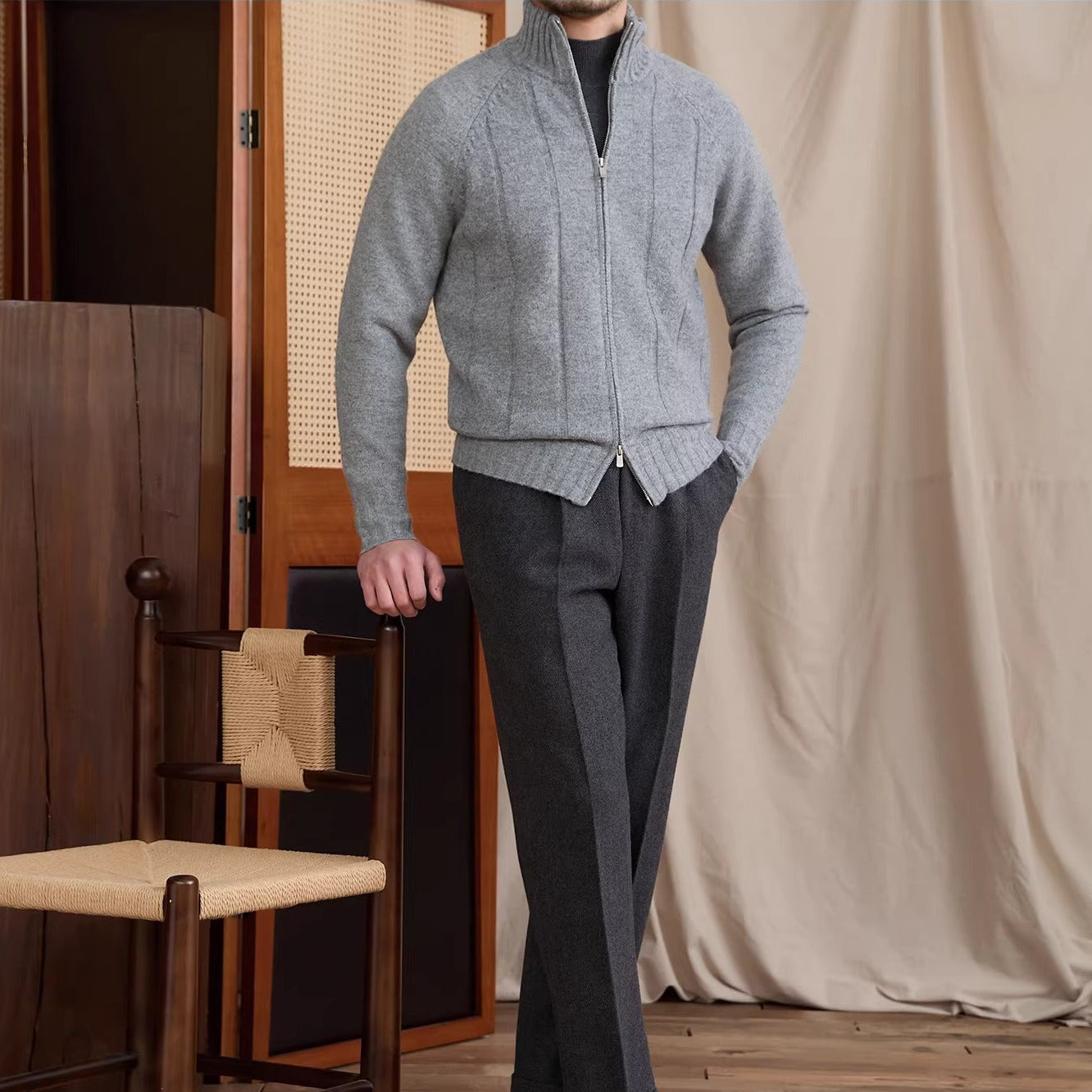 Dolomites Ribbed High Collar Wool Blend Cardigan