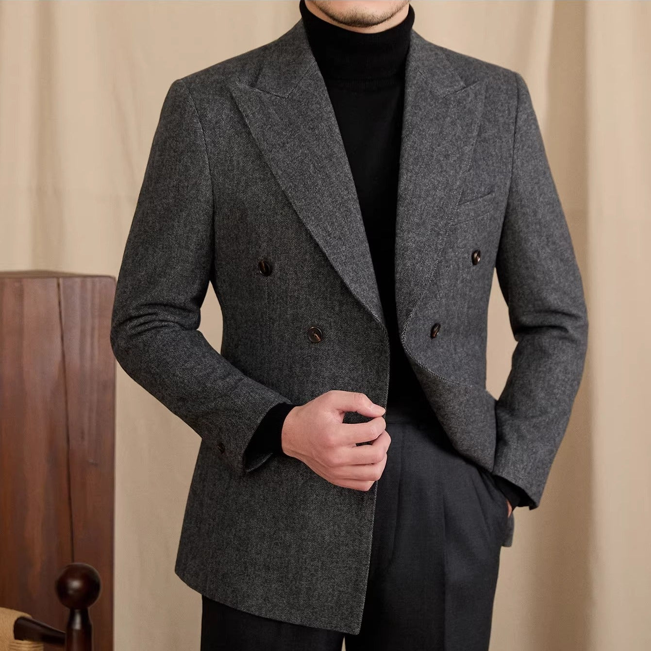 Dubai Wool Blend Herringbone Double Breasted Peak Lapel Jacket