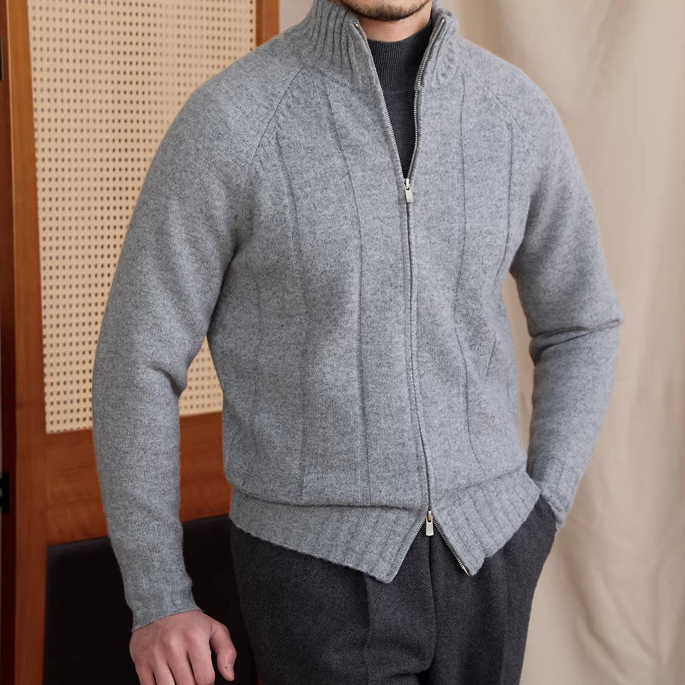 Dolomites Ribbed High Collar Wool Blend Cardigan