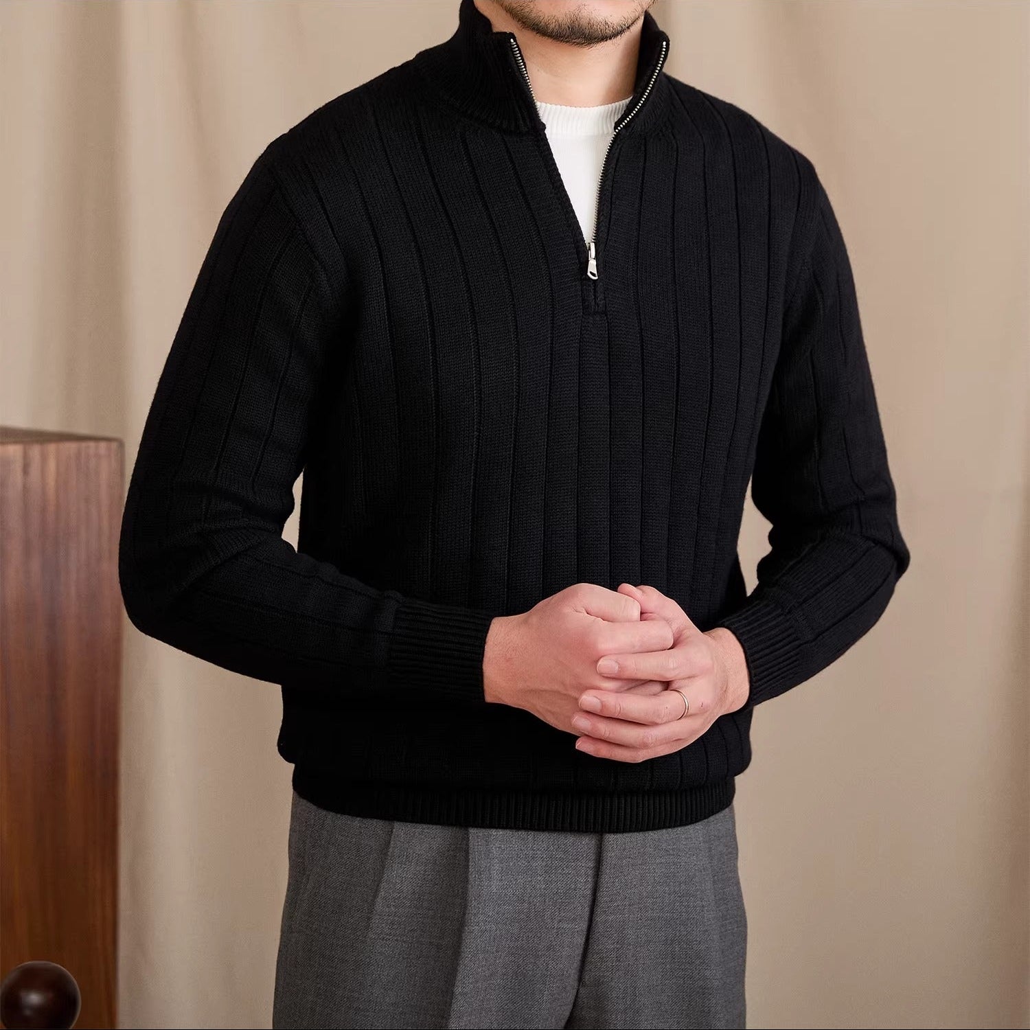 London Pleated Ribbed Half Zip Jumper