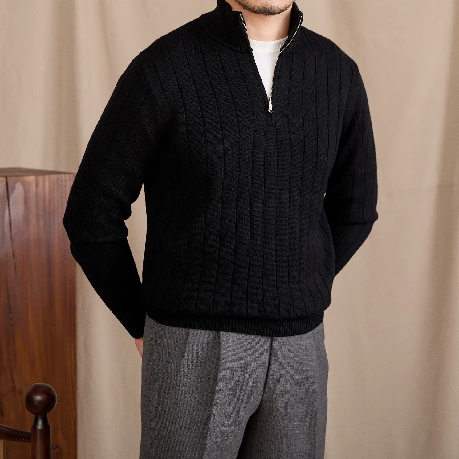 London Pleated Ribbed Half Zip Jumper