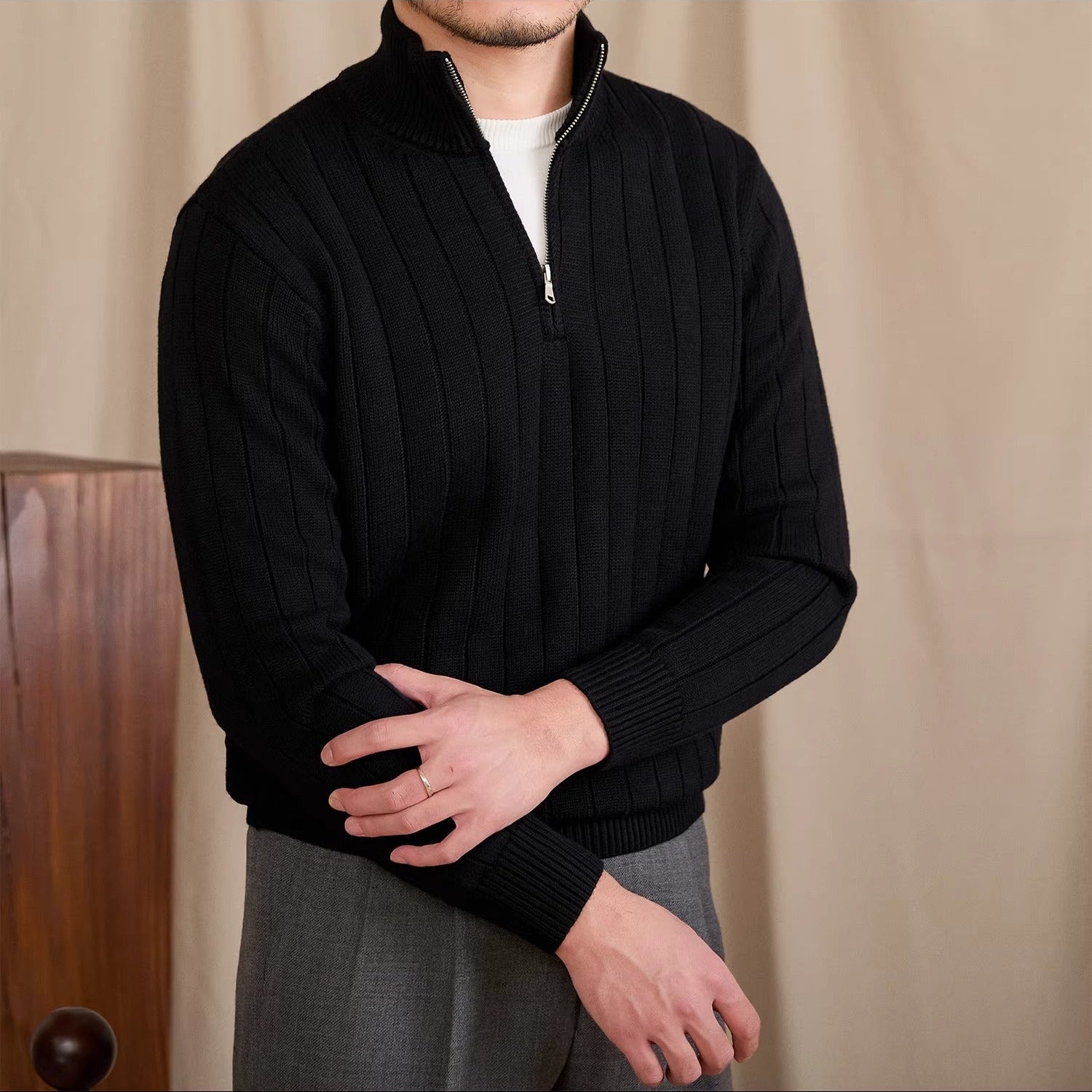 London Pleated Ribbed Half Zip Jumper