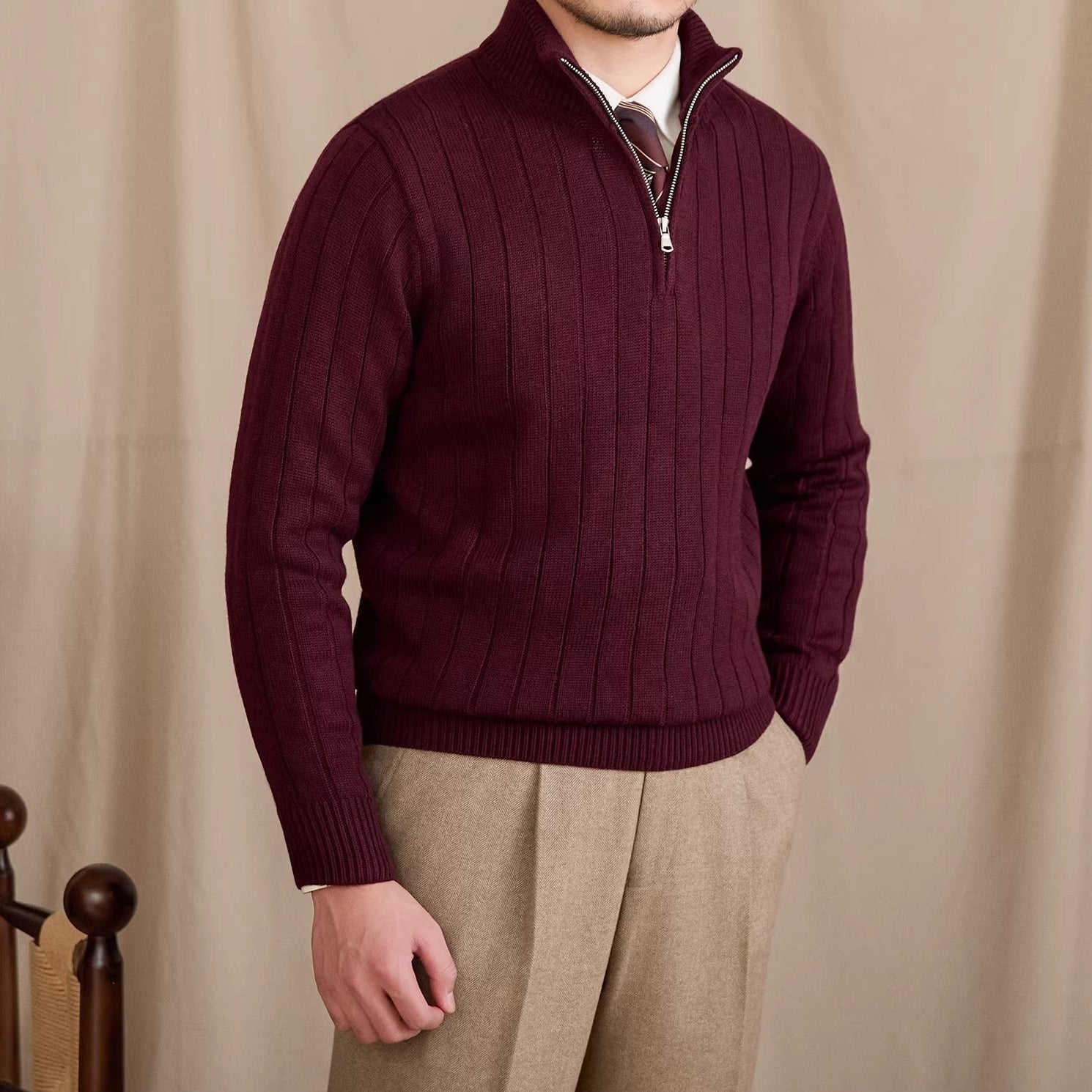 London Pleated Ribbed Half Zip Jumper