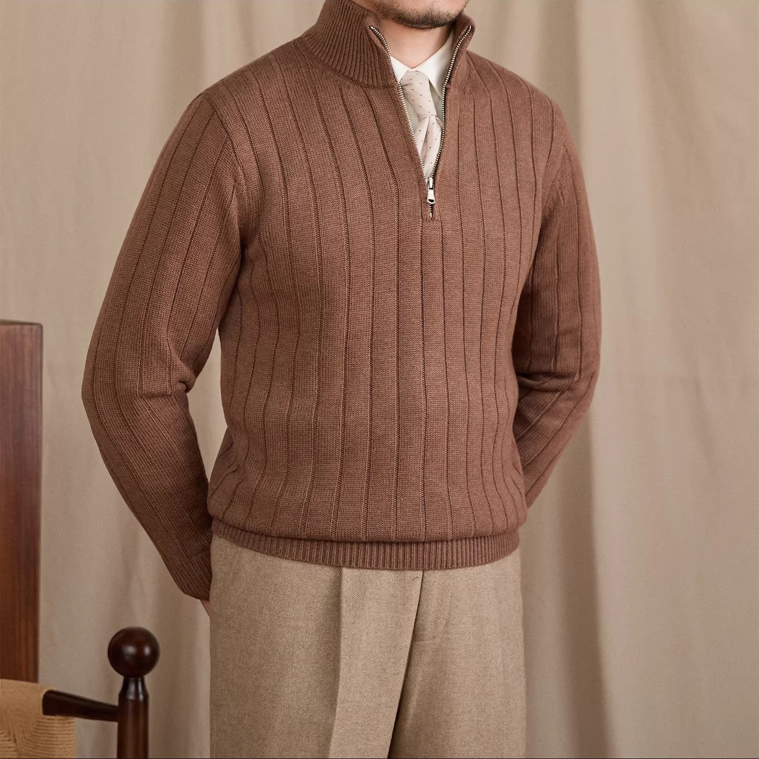 London Pleated Ribbed Half Zip Jumper