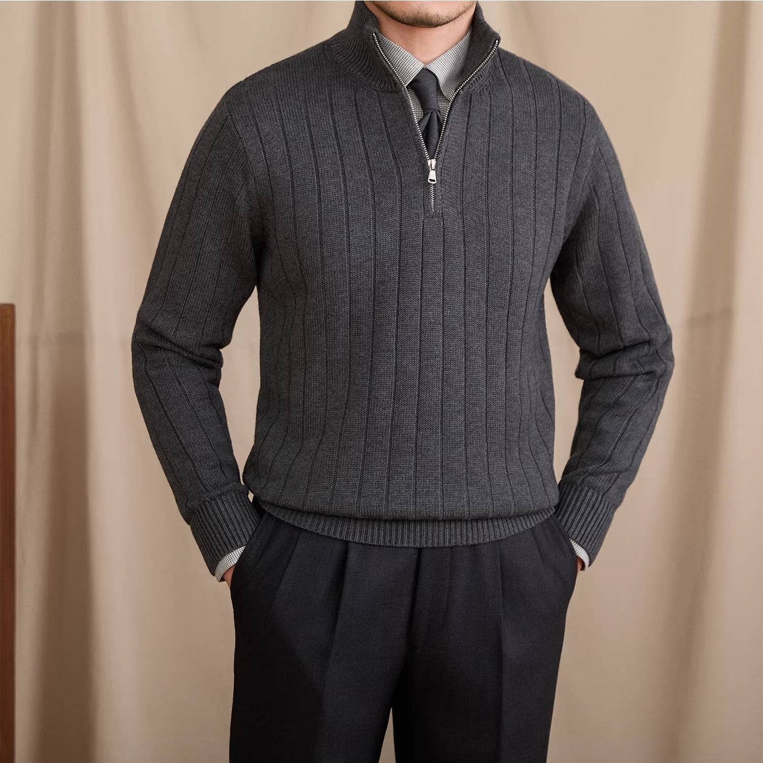 London Pleated Ribbed Half Zip Jumper